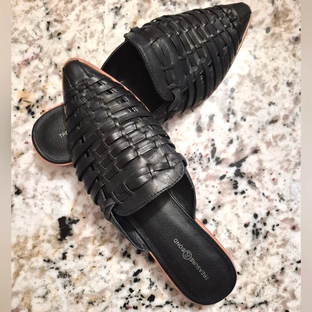 Black Woven Leather Mules Size 10